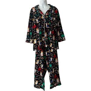 Bedhead Pjs Pajamas Set Size L Black Corgi Royalty Print 2pc Button Up